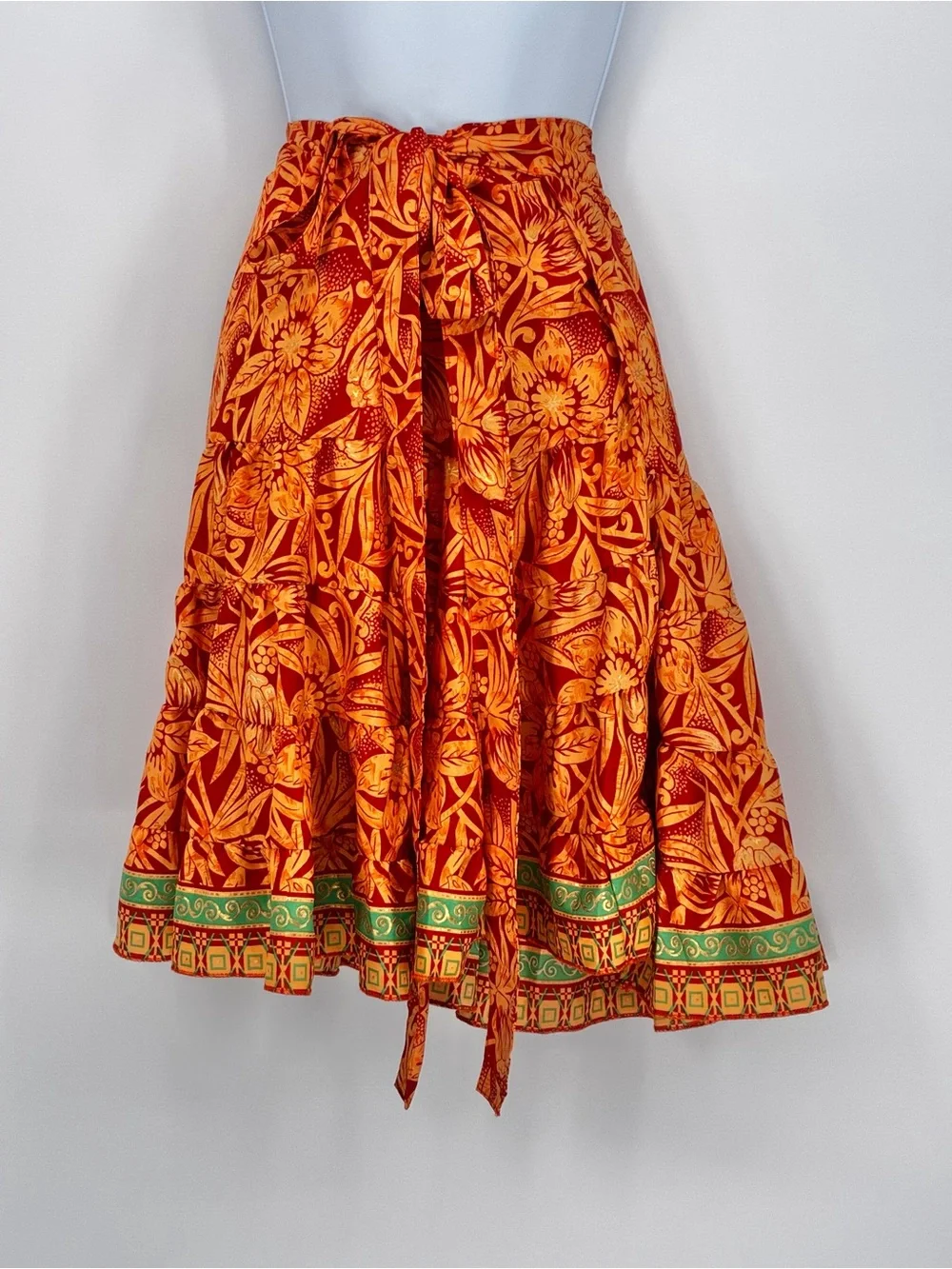 Silk Blend Orange Floral Wrap Midi Skirt One Size